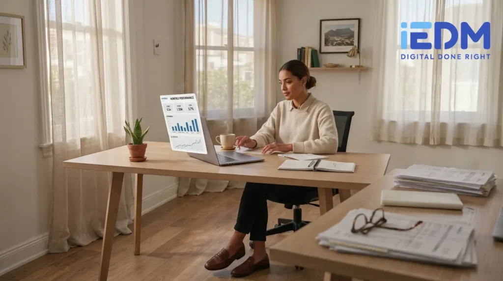 business owner reviewing lead generation results on a laptop