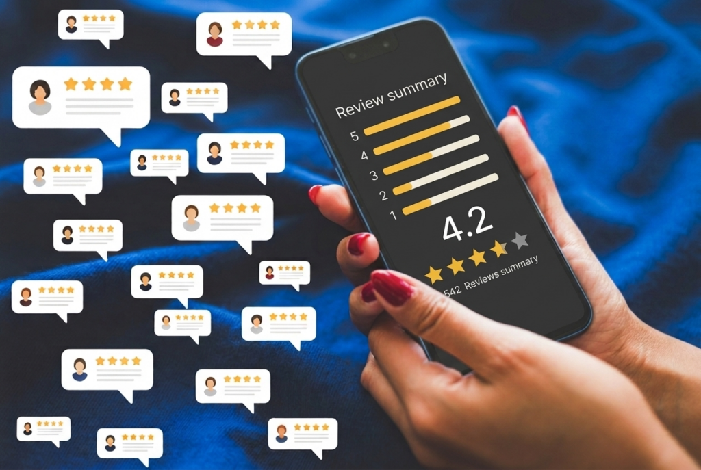Customers' online reviews on smartphone screen, showing brand advocacy.