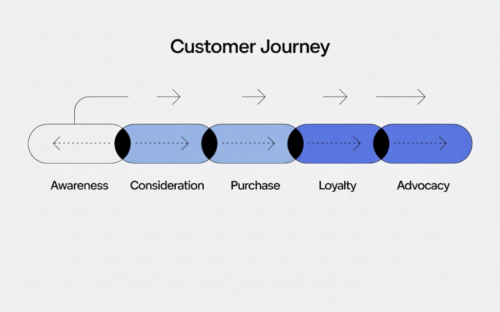 Customer journey stages, from awareness to brand advocacy