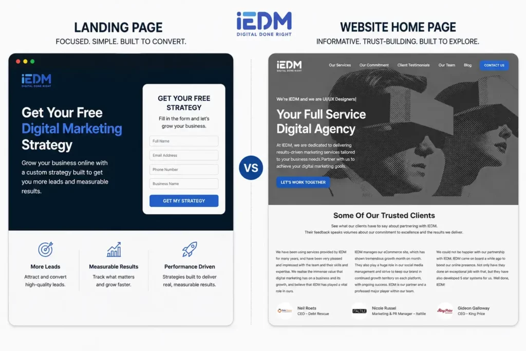 Sideed by side comparison of a website homepage and a landing page