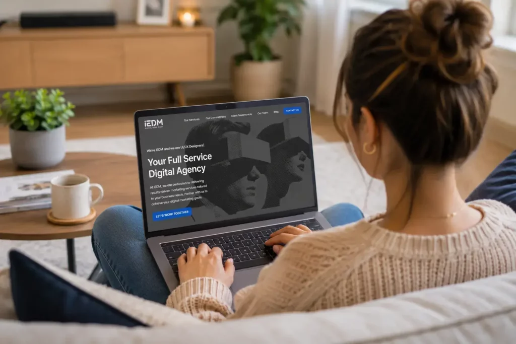 A woman scrolling on IEDM's website home page