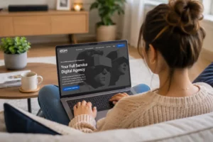 A woman scrolling on IEDM's website home page