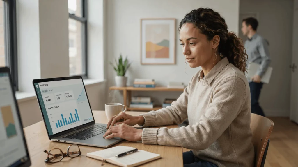 South African business owner reviewing digital marketing strategy on laptop