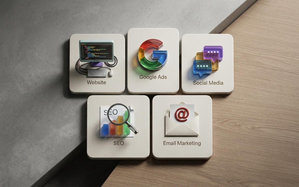 IEDM digital marketing services: website design, Google Ads, social media marketing, SEO, and email marketing