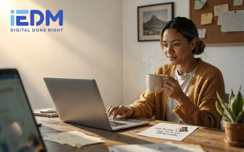 Business owner reviewing email marketing analytics on a laptop in South Africa