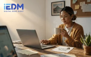 Business owner reviewing email marketing analytics on a laptop in South Africa