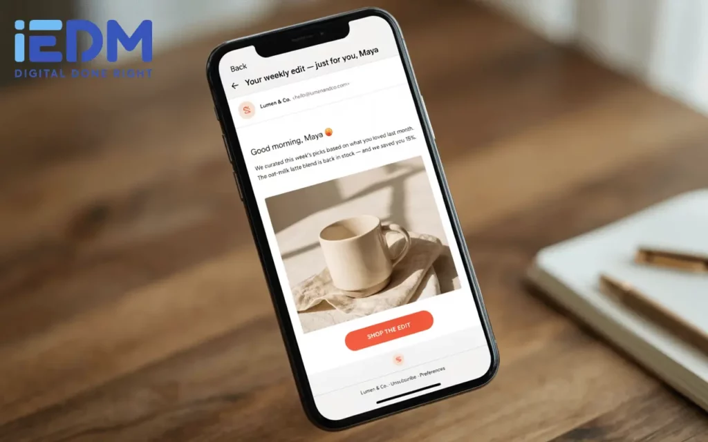 Smartphone showing a personalised email marketing campaign example