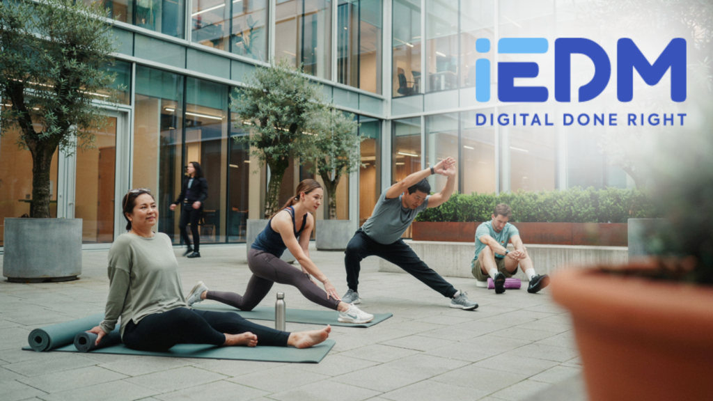 team members doing a group stretch session to support workplace exercise and cognitive health