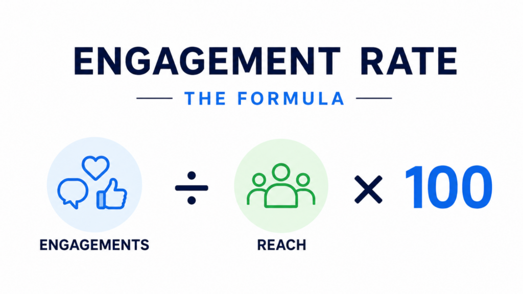 Infographic showing how to calculate social media engagement rate using the formula engagements divided by reach multiplied by 100