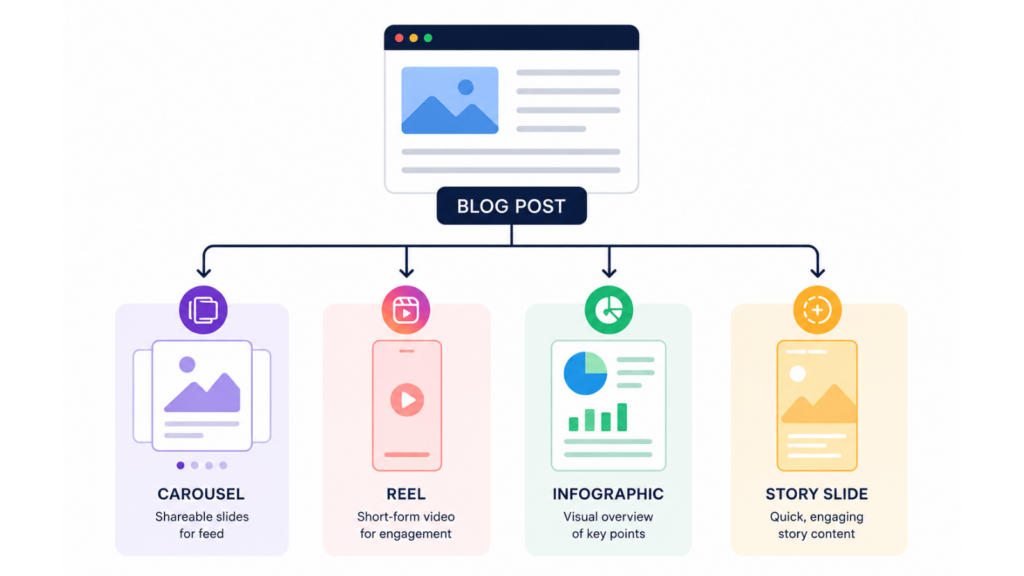 Diagram illustrating how one blog post can be repurposed into multiple social media content formats across different platforms